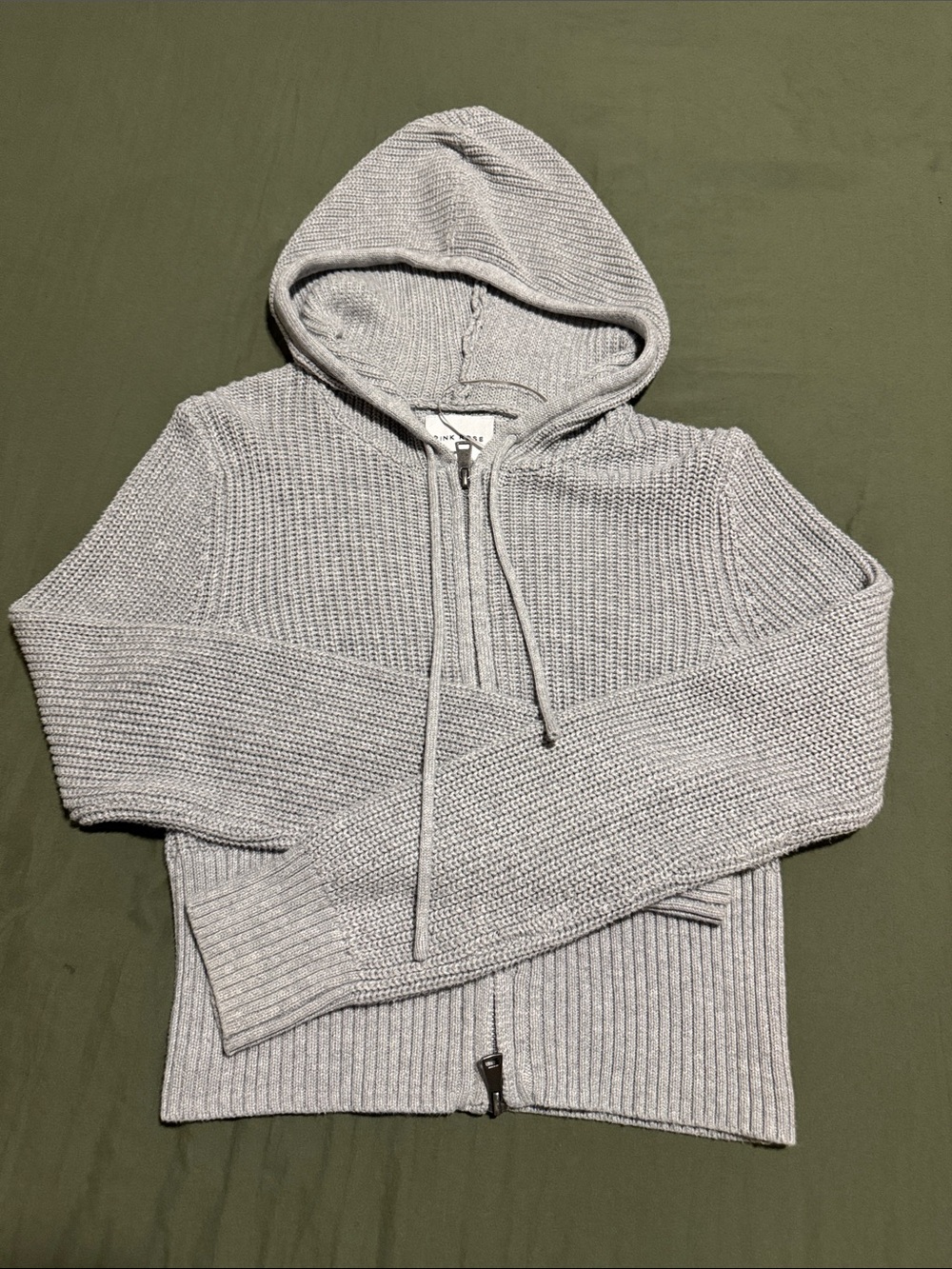 Pink Rose Light Gray Hooded Zip-Up Knit Sweater